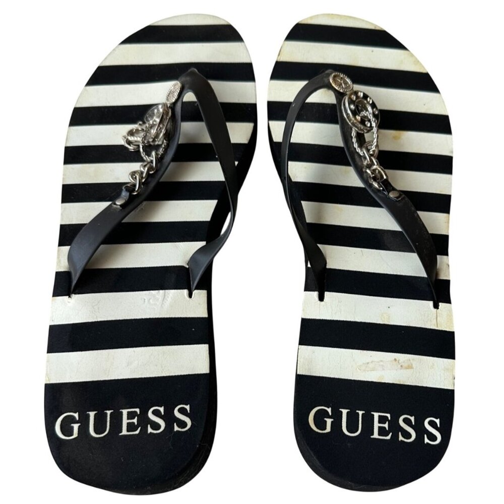 Guess Brand Women's Black White Striped Sandals w/Charms Size 9.5/10 (READ)